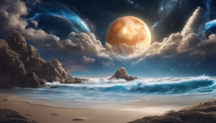 huge planet, the night, starrysky, surrealism, masutepiece, hight resolution、Impressive Milky Way:1.9、sand beach、Vast blue ocean、Blue Waves、Blue glacier、lightning bolt:1.9、Protoplanets、pure beauty