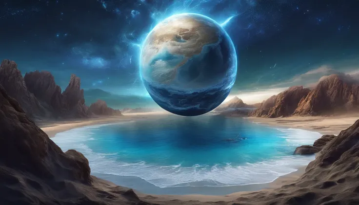 huge planet, the night, starrysky, surrealism, masutepiece, hight resolution、Impressive Milky Way:1.9、sand beach、Vast blue ocean、Blue Waves、Blue glacier、lightning bolt:1.9、Protoplanets、pure beauty