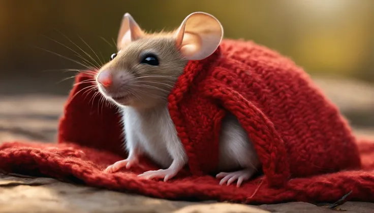 cartoon mouse, laying on its back on a sleeping bag, wearing a red sweater