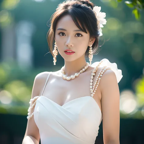 (dynamic pose:1.2),(dynamic camera),(analog photo raw:1.2), (a woman in a white dress with pearls on her shoulder) ,(masterpiece, top quality, best quality, official art,extreme detailed,highest detailed,depth of field,bokeh:1.3,realistic rim lighting,comp...