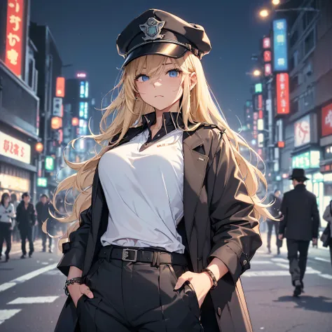 topquality、Outstanding picture quality、tmasterpiece、Girl with((18 years、White Open Y-T-shirt、Deer Hunter Hat、Stylish long coat、Black pants、Best Bust、Bust 85、blonde woman、long haired、blue eyes、open chest wide、Valley、happiness、Black bracelet on the wrist、wel...