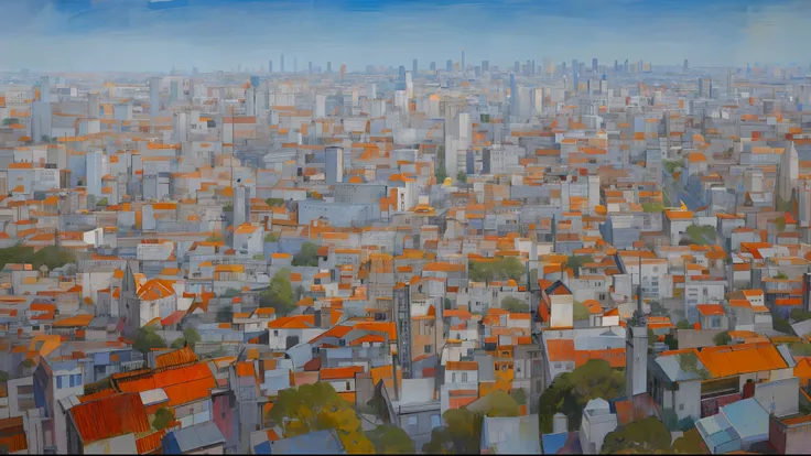 painting of a city with a lot of buildings and trees, by Luis Enrique Camej, day cityscape, city landscape, by Santiago Martínez Delgado, city scape, by Francisco Zúñiga, raphaël, by Juan Giménez, by Hugo Sánchez Bonilla, realistic painting of a complex, e...