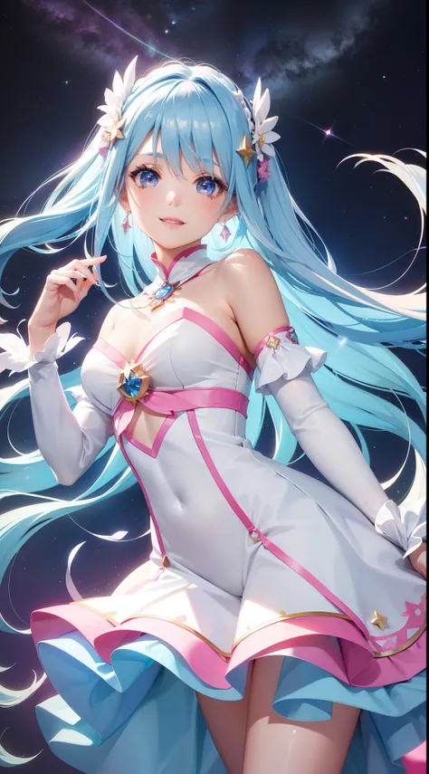 Super Idol　a beauty girl　A charming smile　sky blue hair　length hair　Bright pink and white light outfit　Mystical　Fantasia　constellation　a moon　Crystal Brilliance　Aurora Borealis in the Night Sky