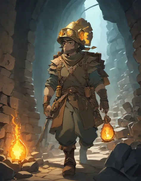 (a minerador, a miner with a helmet and sturdy boots,)medieval, (a miner with a pickaxe and mining tools,)detailed stone walls, (a dark and mysterious underground mine,)dimly lit torches, (a miner with a lantern,)dark and narrow mining tunnels, (a miner co...