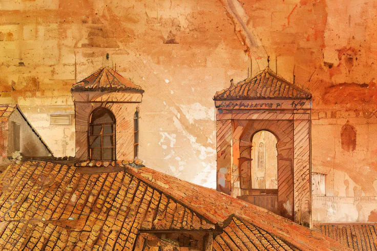 There are two buildings with a clock on top of them, architectural painting, architectural illustration, fundo do telhado, Telhados, roman festival backdrop, artwork of a building, Estilo romano antigo, Fundo medieval da cidade, arte de fundo, Fundo repres...