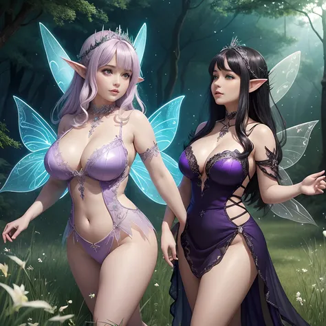 Two sexy mature chubby fairies with pointed ears and elaborate wings. They are wearing elegant revealing dresses. One fairy has light-purple skin and black hair. The other fairy has pale-green skin and blonde hair. They are both floating in the air at nigh...