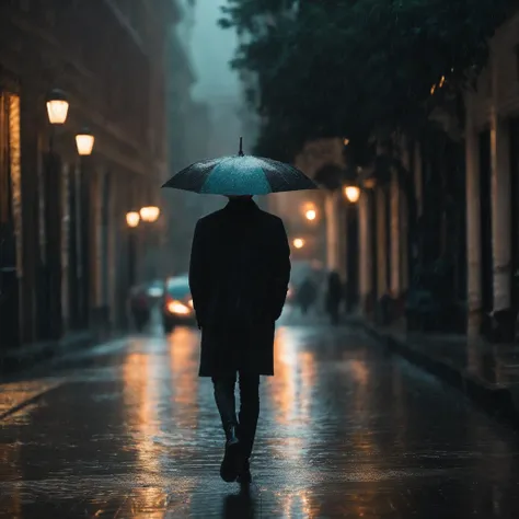 Young man walking in the rain wearing black clothes,