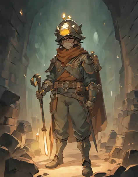 (a minerador, um mineiro com capacete e botas resistentes,)medieval, (a miner with pickaxe and mining tools,)paredes de pedra detalhadas, (a dark and mysterious underground mine,)tochas mal iluminadas, (um mineiro com uma lanterna,)dark and narrow mining t...