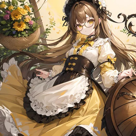 Light yellowish brown hair，With thick black-framed glasses，Lolita clothes in yellow-brown and pale green colors，The face is shiny and shiny，It is a cute and cute loli