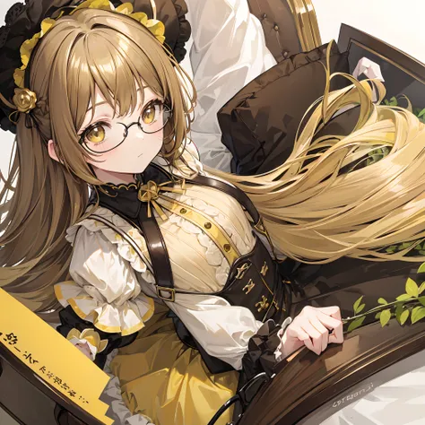 Light yellowish brown hair，With thick black-framed glasses，Lolita clothes in yellow-brown and pale green colors，The face is shiny and shiny，It is a cute and cute loli