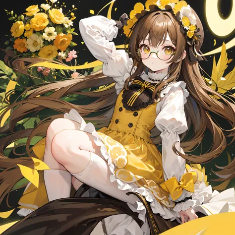 Light yellowish brown hair，With thick black-framed glasses，Lolita clothes in yellow-brown and pale green colors，The face is shiny and shiny，It is a cute and cute loli