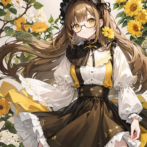 Light yellowish brown hair，With thick black-framed glasses，Lolita clothes in yellow-brown and pale green colors，The face is shiny and shiny，It is a cute and cute loli