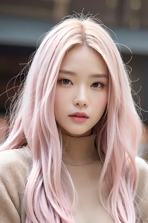 (extra detailed body、extra detailed face、best qualtiy:1.2)、femele、looking at the viewers、(futuristic cities、Pink-beige hair color）Fashionable。