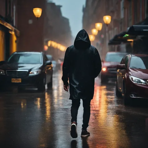 Young man walking in the rain wearing a black hoodie