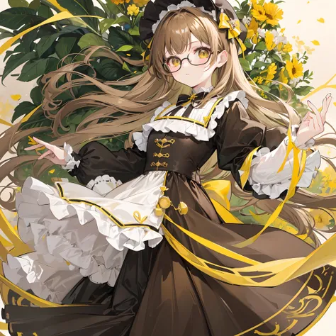 Light yellowish brown hair，With thick black-framed glasses，Lolita clothes in yellow-brown and pale green colors，The face is shiny and shiny，It is a cute and cute loli