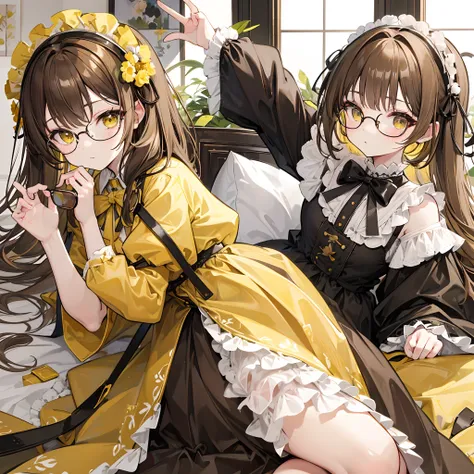 Light yellowish brown hair，With thick black-framed glasses，Lolita clothes in yellow-brown and pale green colors，The face is shiny and shiny，It is a cute and cute loli