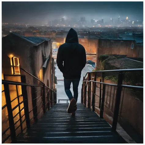 Young man walking in the rain, climbing a staircase, city in the background, wearing a black hoodie