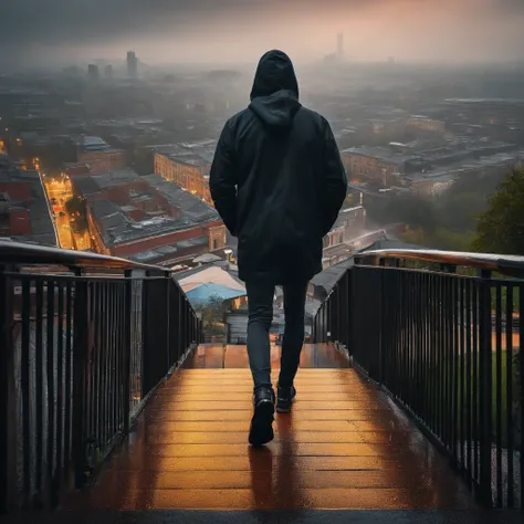 Young man walking in the rain, climbing a staircase, city in the background, wearing a black hoodie