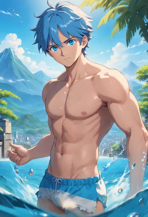 (best quality,4k,8k,highres,masterpiece:1.2),ultra-detailed,realistic,blue eyes,toned abs,full body,jewelry,focus on male,pectoral muscles,solo performance,swimming trunks,bare-chested male