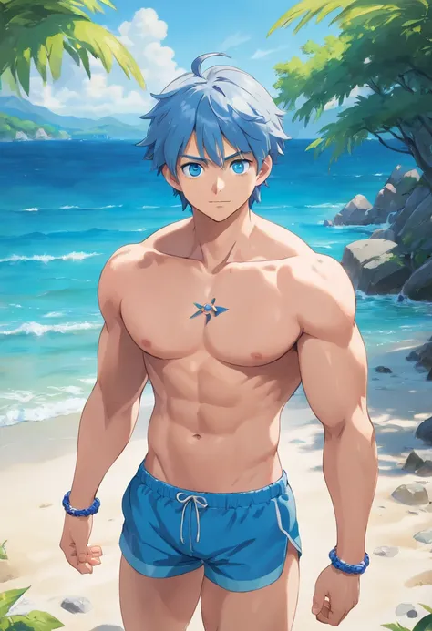 (best quality,4k,8k,highres,masterpiece:1.2),ultra-detailed,realistic,blue eyes,toned abs,full body,jewelry,focus on male,pectoral muscles,solo performance,swimming trunks,bare-chested male