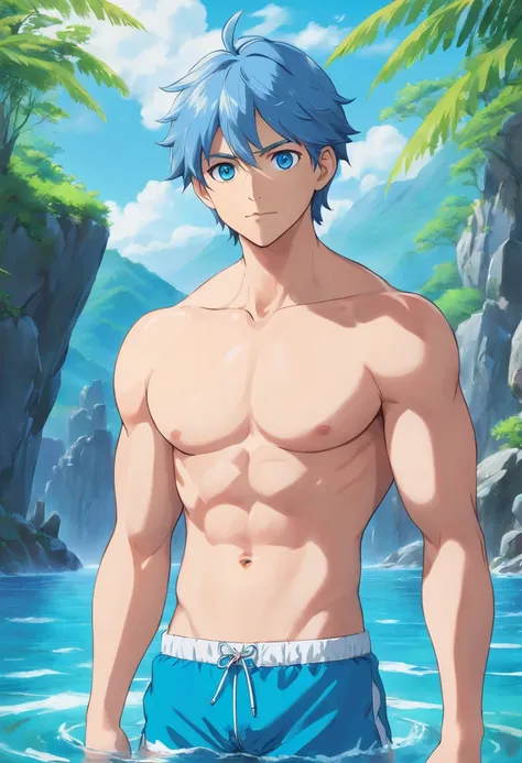 (best quality,4k,8k,highres,masterpiece:1.2),ultra-detailed,realistic,blue eyes,toned abs,full body,jewelry,focus on male,pectoral muscles,solo performance,swimming trunks,bare-chested male