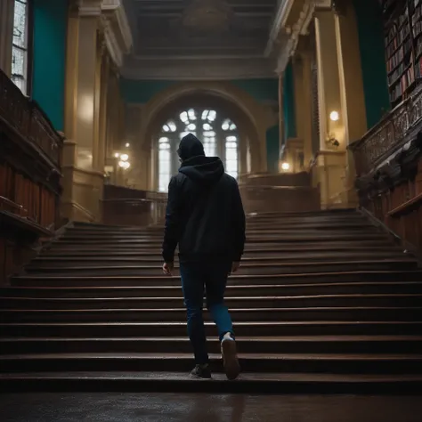 Young man walking in the rain, climbing a staircase in an old library, citizen in the background, wearing a black hoodie