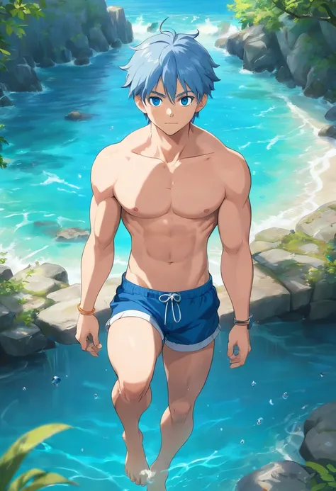 (best quality,4k,8k,highres,masterpiece:1.2),ultra-detailed,realistic,blue eyes,toned abs,full body,jewelry,focus on male,pectoral muscles,solo performance,swimming trunks,bare-chested male,barefoot,full body