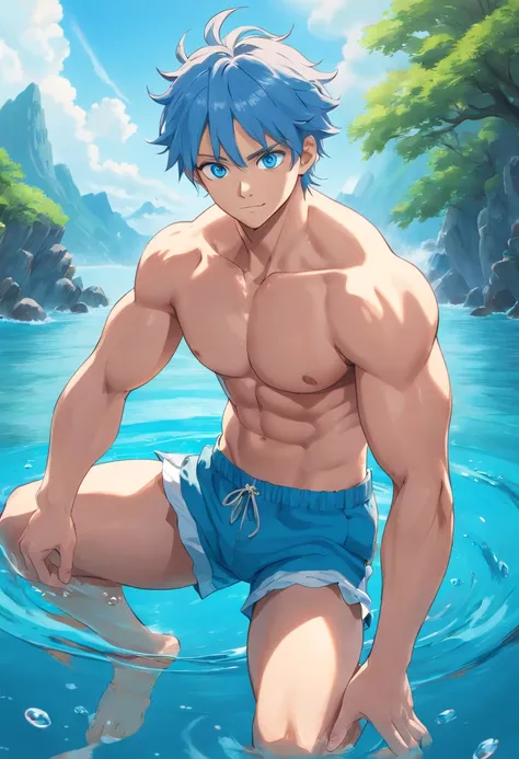 (best quality,4k,8k,highres,masterpiece:1.2),ultra-detailed,realistic,blue eyes,toned abs,full body,jewelry,focus on male,pectoral muscles,solo performance,swimming trunks,bare-chested male,barefoot,full body