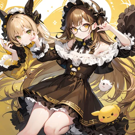 Light yellowish brown hair，With thick black-framed glasses，Lolita clothes in yellow-brown and pale green colors，The face is shiny and shiny，It is a cute and cute loli