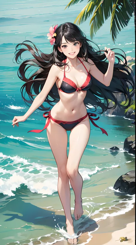 (Best Quality,4K,High resolution), Delicately expressed illustrations with realistic details，Multiple people，2 girls in，selfee，Looking at the camera、Point the camera up、the beach，Frolic on the beach，kawaii，sharp eye，Smiling smile，grin，Long straight hair wi...