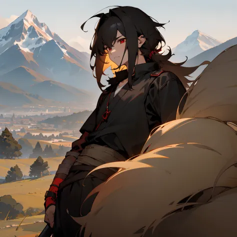 1male , red eyes , brownish black hair , grey gi , monkey tail , mountain background , medium length hair , lean build , layered hair , shaggy hair , spiky hair , ear length hair