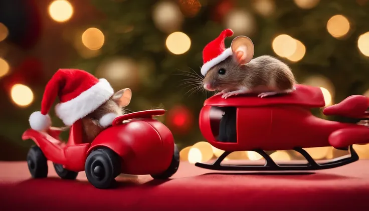 cute mouse wearing a red sweater in a red toy helicopter next to santa in his sleigh, view from behind the mouse