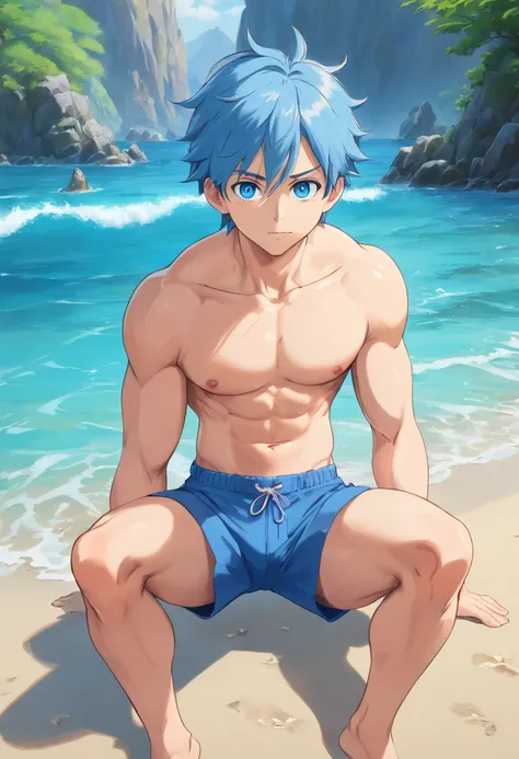 (best quality,4k,8k,highres,masterpiece:1.2),ultra-detailed,realistic,blue eyes,toned abs,full body,jewelry,focus on male,pectoral muscles,solo performance,swimming trunks,bare-chested male,barefoot,Close-up of feet