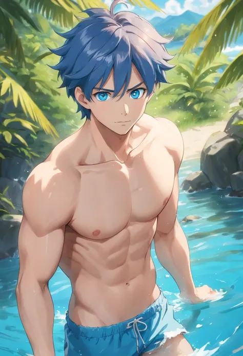 (best quality,4k,8k,highres,masterpiece:1.2),ultra-detailed,realistic,blue eyes,toned abs,full body,jewelry,focus on male,pectoral muscles,solo performance,swimming trunks,bare-chested male,barefoot,Close-up of feet