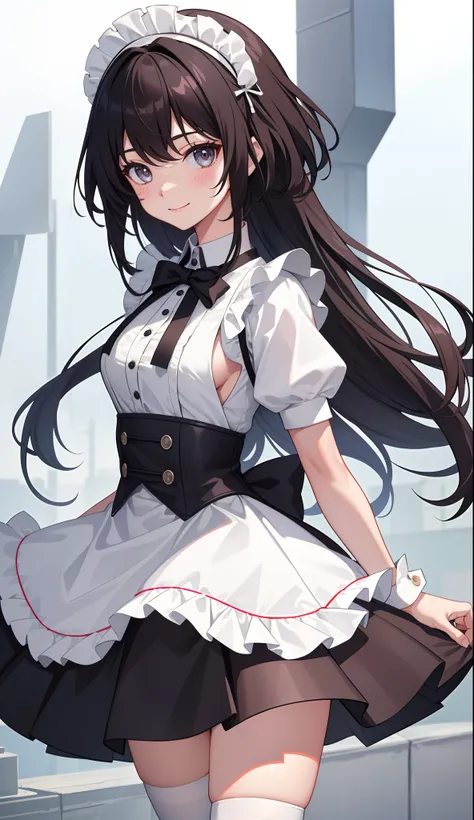 1girl in、AS-Adult、A smile、The shirt、Mini skirt、pantiy、（small tits）、doress、pinafore、Hair decoration、（Maid costume）、Walking with a thigh、Upper body portrait、