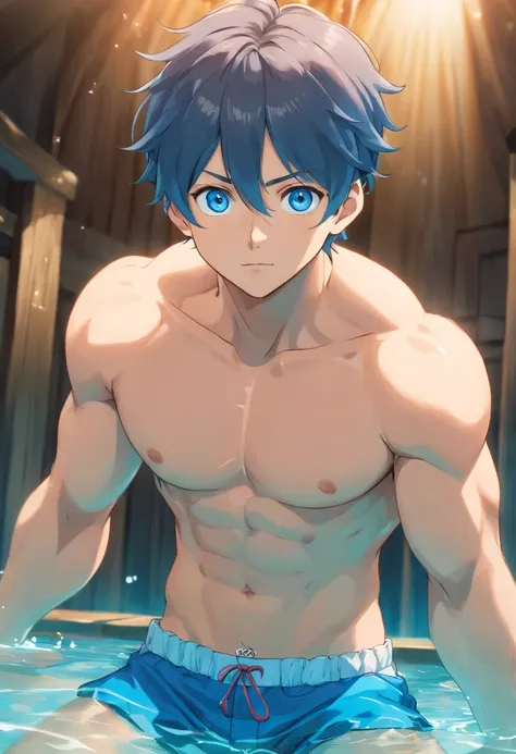 (Best quality,4K,8K,A high resolution,Masterpiece:1.2),Ultra-detailed,Realistic,Blue eyes,Toned abs,full bodyesbian,jewelry,Focus on men,chest muscle,solo performance,swimming trunks,bare chest male,Barefoot,Close-up of feet