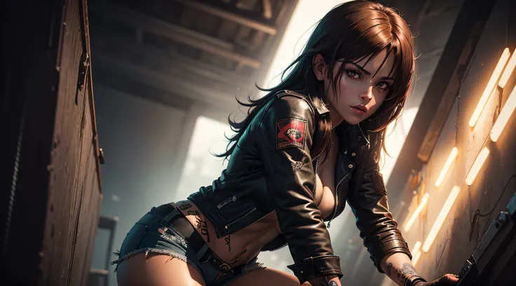 covered in tattoos, wearing a black leather jacket with her out and ripped jean shorts. The background has neon lights illuminating the scene. The artwork is rendered in an edgy and realistic style, with high attention to detail and sharp focus. The colors...