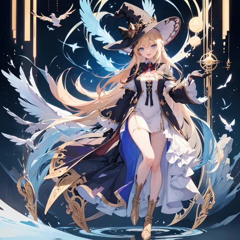 ((fullllbody))1girl in, Solo, (Witch Hat), Blonde, Long hair, Dress Gloves, Leather Boots,skyporn, White Dress, Open mouth, Blue eyes, bow ribbon, Very long hair, Red dress, Smile, Hair Ribbon, Cape, Blue hair, (Bird), Magic, casting spell, (Impresionismo:...