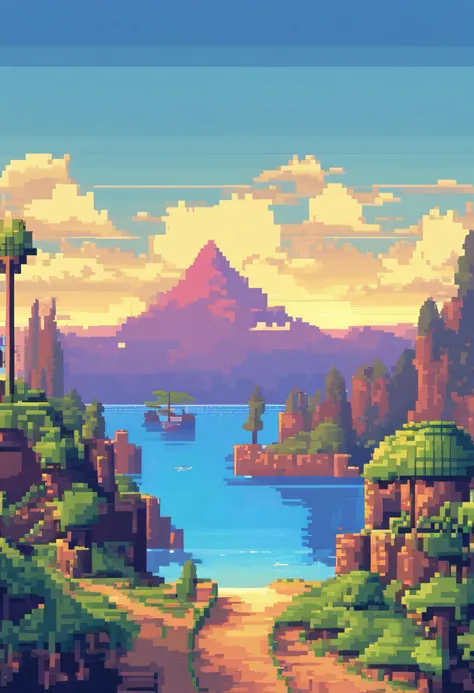 Pixel art tourist landscape. evening. 3D pixel art 4K wallpaper. Incredible pixel art details. Pixel art. steam wave. Detailed Unreal Engine pixel art