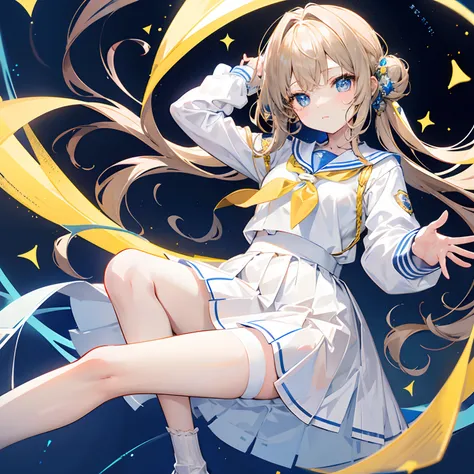 Glowing light brownish yellow with hair and pupils，Blue and white school uniforms，With a silver crystal pendant，Sweet loli girl，The whole is shining