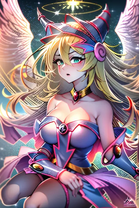 Dark magician girl angel:1 with a pale, luminous complexion, su piel aparentemente brilla con un resplandor de otro mundo. They are adorned with a pair of bright and elegant wings:2 que simbolizan su naturaleza divina. The scene is ethereal and charming, c...