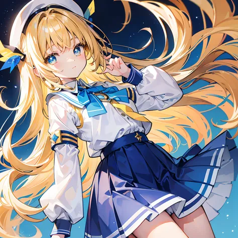 Glowing light brownish yellow with hair and pupils，Blue and white school uniforms，With a silver crystal pendant，Sweet loli girl，The whole is shining