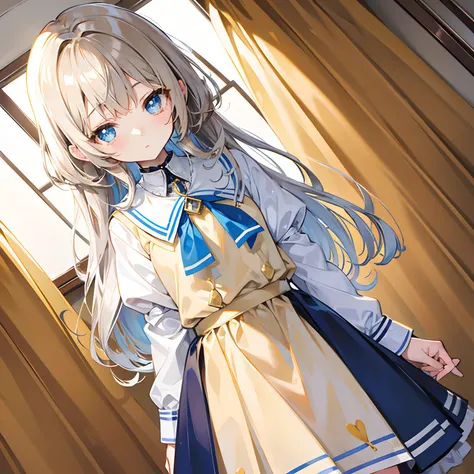 Glowing light brownish yellow with hair and pupils，Blue and white school uniforms，With a silver crystal pendant，Sweet loli girl，The whole is shining