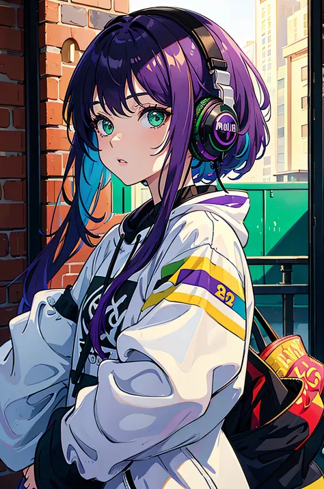 masterpiece,best quality,1girl,solo,multicolored hair,no background,streetwear,model,purple hair,green eyes,black headphones