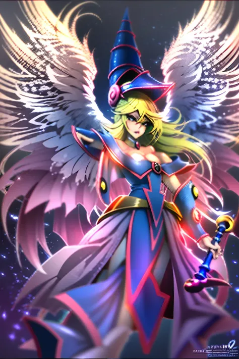 Dark magician girl angel:1 with a pale, luminous complexion, su piel aparentemente brilla con un resplandor de otro mundo. They are adorned with a pair of bright and elegant wings:2 que simbolizan su naturaleza divina. The scene is ethereal and charming, c...