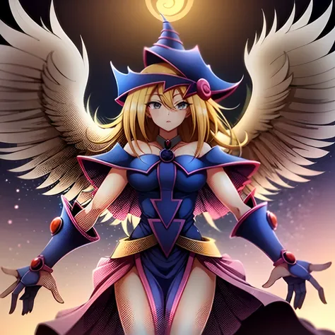 Dark magician girl as An 8-winged angel with a dazzling halo on top of the angels head, y el fondo de la imagen es el cielo. Dark magician girl ángel. Arte celestiales. Ultra detallado. photographic quality.