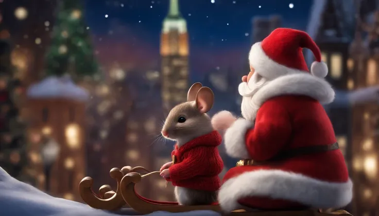 cute mouse in red sweater, sitting next to santa claus in his sleigh with reindeer  the nightime new york city skyline in the background