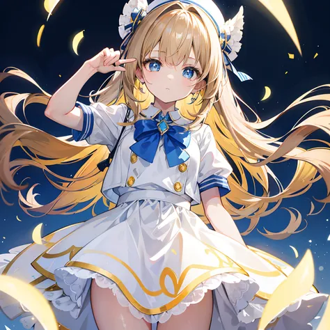 Glowing light brownish yellow with hair and pupils，Blue and white school uniforms，With a silver crystal pendant，Sweet loli girl，The whole is shining