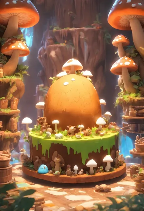 Scratch the ice age on a chocolate cake in a mushroom decoration, with a fridge in the decor, avec un grand mur en brique, un oeuf sur un lit et un chien