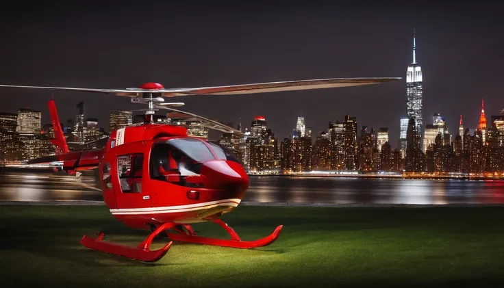 red toy helicopter on ground, new york sity skyline at night in the background